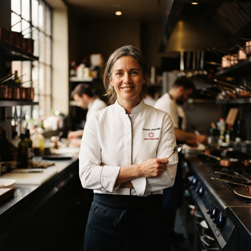 Carmen, a Michelin-trained Chicago chef, photographed in black and white in a restaurant kitchen