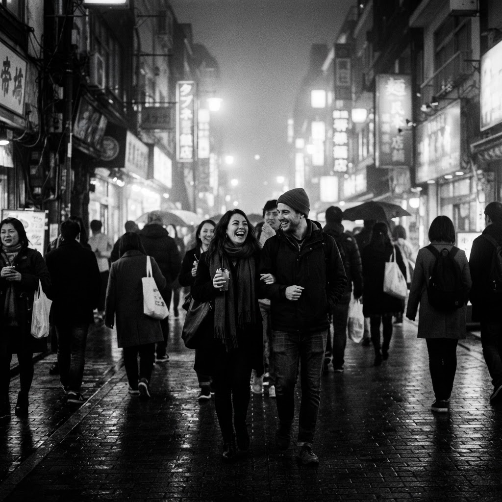 People wandering a city street at night