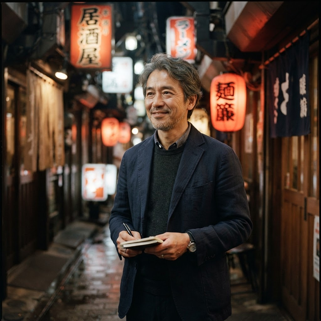 Kenji, a former Tokyo food writer, photographed in black and white in a lantern-lit alley