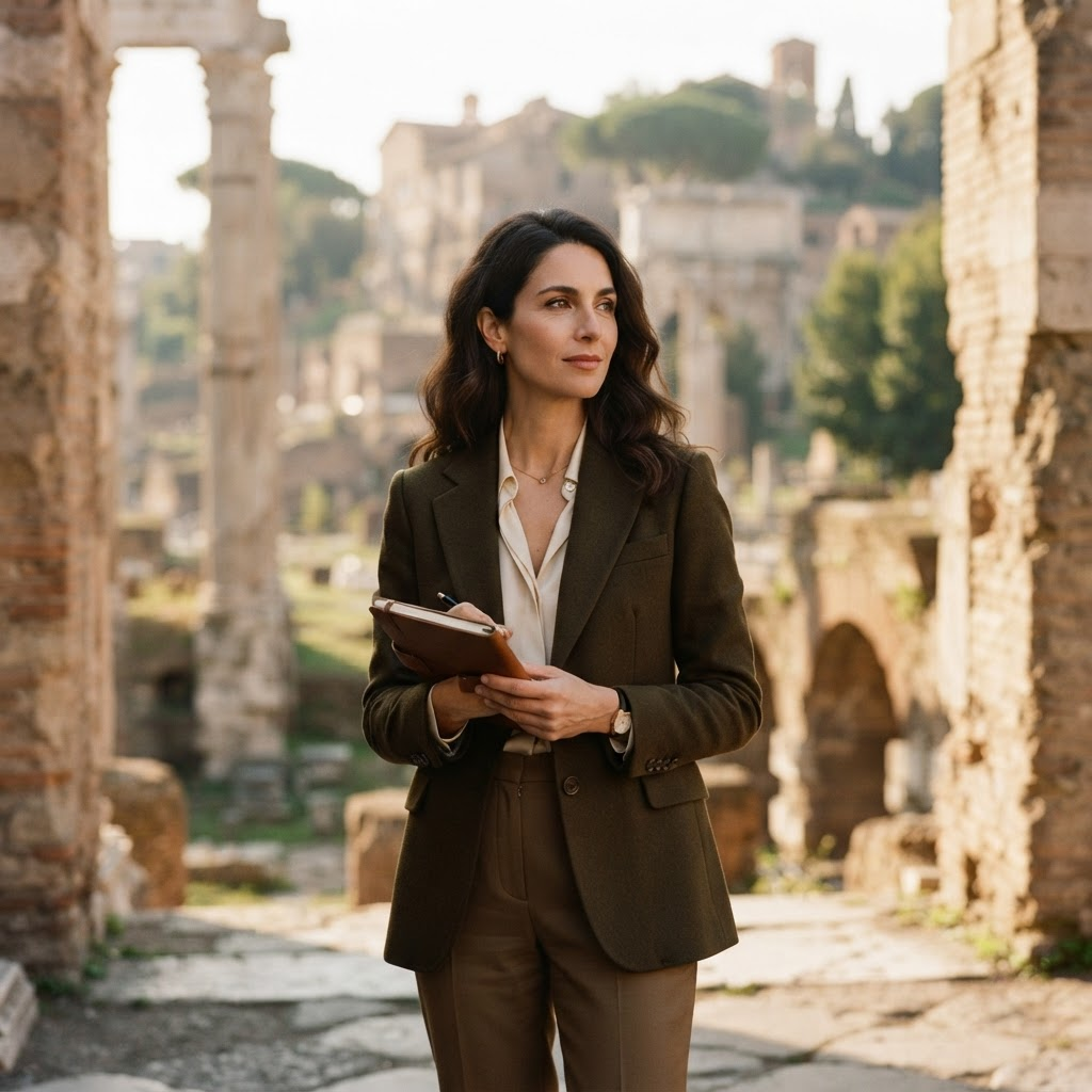 Lucia, a Roman art historian, photographed in black and white near ancient architecture