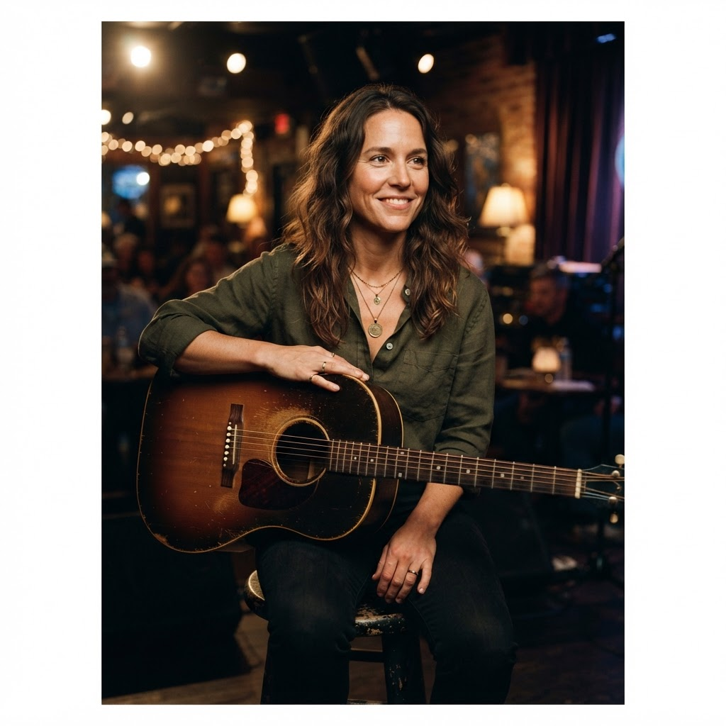 Sarah, a Nashville songwriter, photographed in black and white with a guitar in a music venue